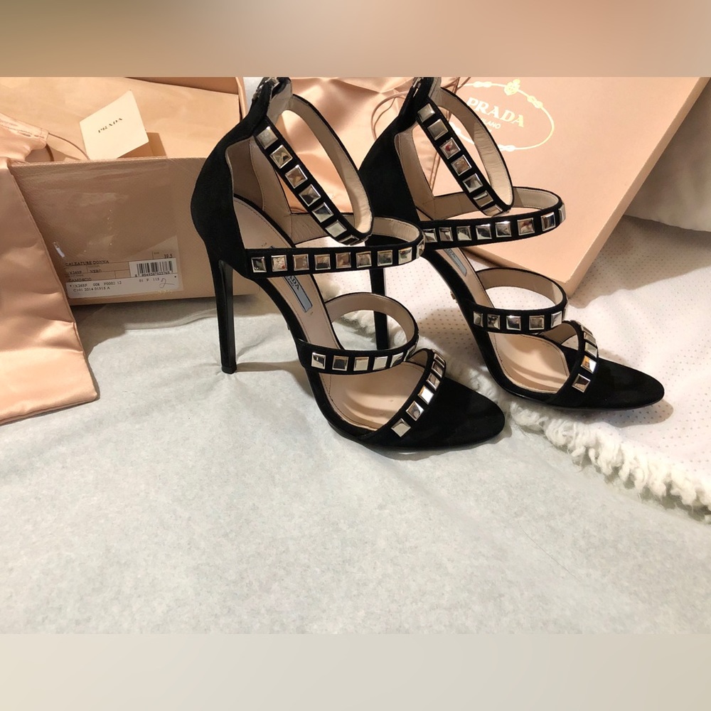 PRADA Beautiful 39.5 Triple Strap Studded Heels Worn 2X Only, Orig Box DUSTBAGS!
